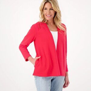 Susan Graver Marina Knit Cardigan with Eyelet Detail -Coral (Sz L) a600397